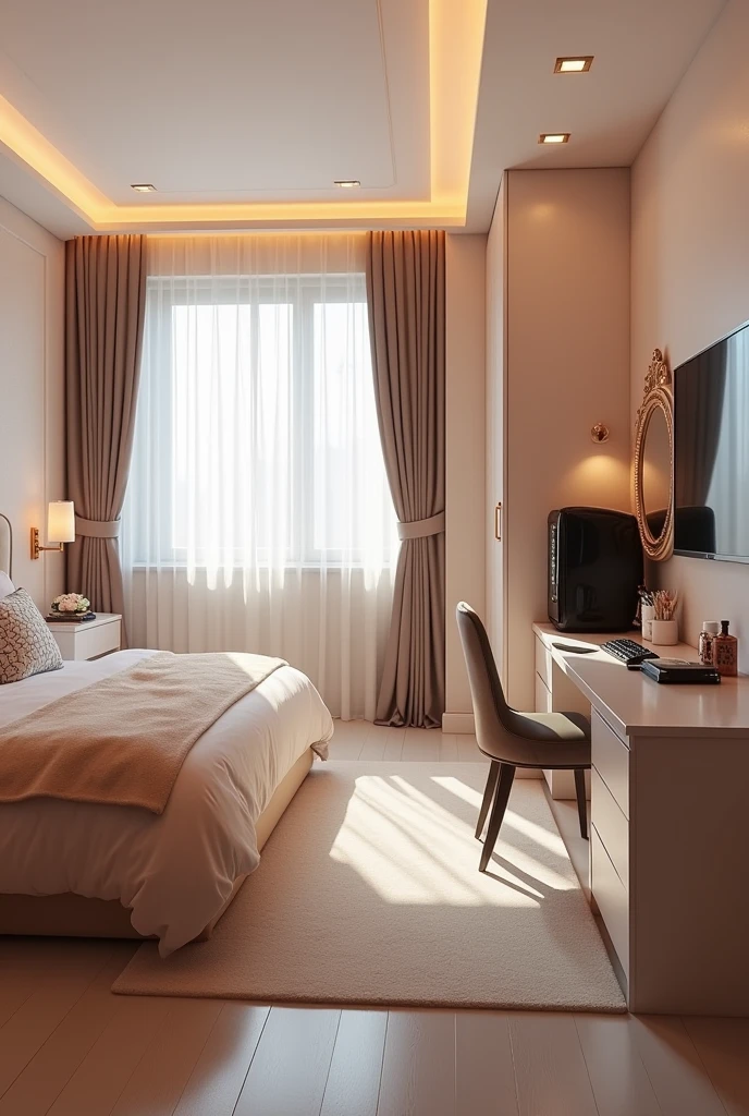 what a room would look like with a bed and headboard under the window on one wall, a gaming pc and a dressing table on the same wall on the other side, the other wall that has the door with a wardrobe and 4th wall with a TV