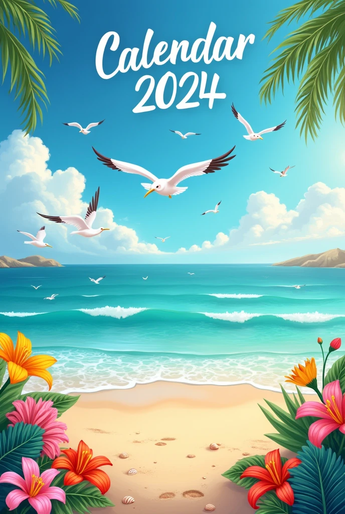 Create a cover with the name "Calendar 2024" with a beach with birds flying in the background