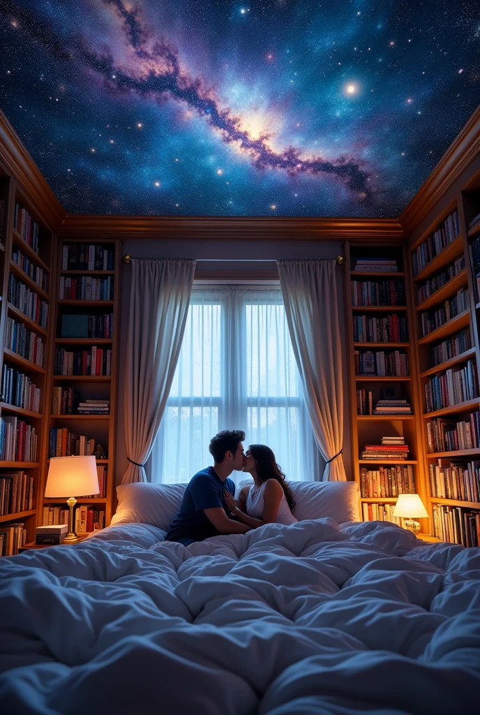 A couple making out in bed, in a room with books and a universe ceiling