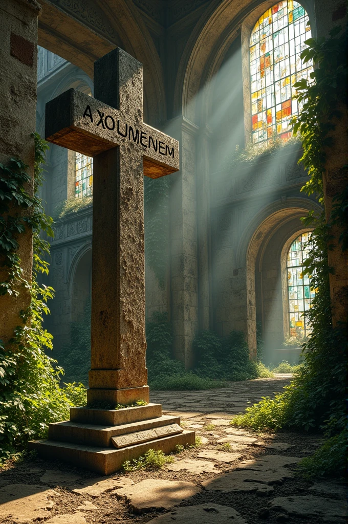 Make a monument resembling a stone cross, with a sign saying axolomeinem, in a monumental building abandoned for 130 years, make the image photo realistic.