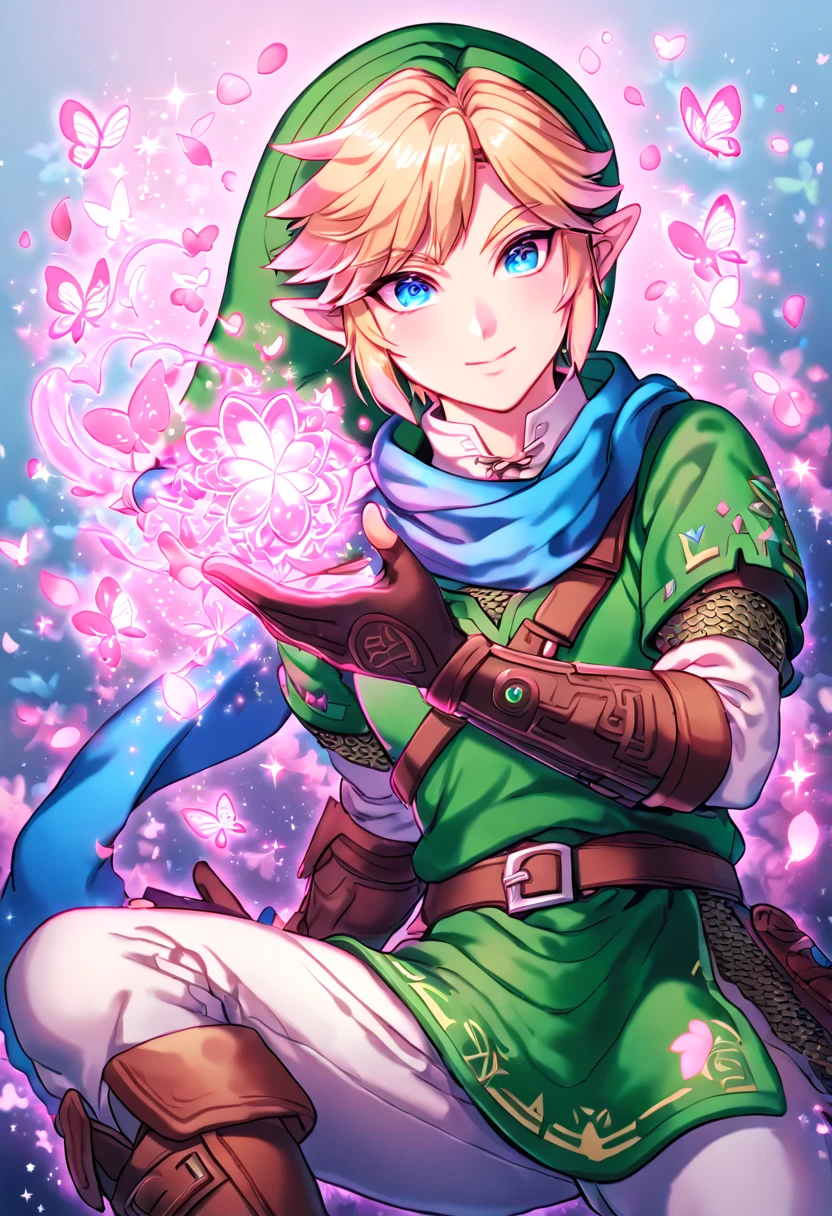 absurdres, highres, ultra detailed, HDR, master piece, Link, blonde hair, expressive blue eyes, blue scarf, green hat, green tunic, brown gauntlets, The Legend Of Zelda (Hyrule Warriors), fantasy, glittering pink butterflies, petals, magical, handsome, sexy man, solo, very detailed eyes and face, glittering, pink flowers, sensual, crystal glass magic, pink shining fireflies, pink fire, white pants