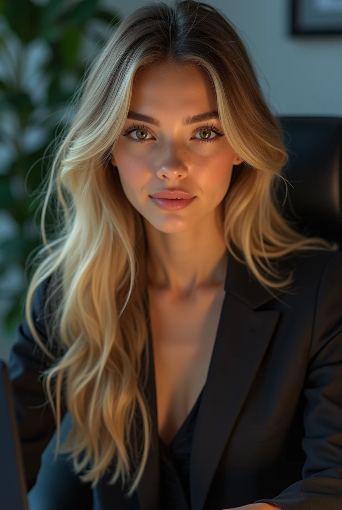 a beautiful girl with long blonde hair, detailed eyes, nose, and lips, wearing  professional outfit, siting in her office, using her computer, hp comuter (best quality,4k,8k,highres,masterpiece:1.2),ultra-detailed,(realistic,photorealistic,photo-realistic:1.37),HDR,studio lighting,extremely detailed face and body, portrait,cinematic lighting,dramatic lighting,warm color tones,dramatic colors