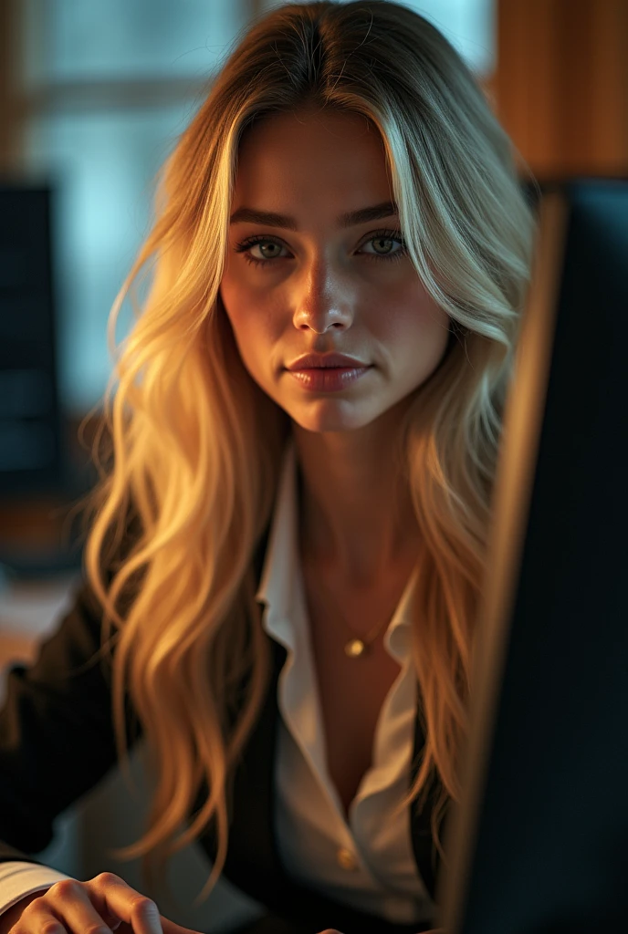 a beautiful girl with long blonde hair, detailed eyes, nose, and lips, wearing professional outfit, siting in her office, using her computer, hp comuter (best quality,4k,8k,highres,masterpiece:1.2),ultra-detailed,(realistic,photorealistic,photo-realistic:1.37),HDR,studio lighting,extremely detailed face and body, portrait,cinematic lighting,dramatic lighting,warm color tones,dramatic colors