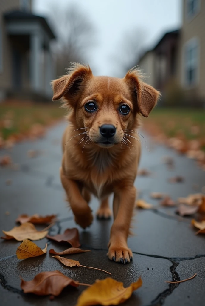 brown small dog named redskin who was sadly and desperate
searching for it family the front