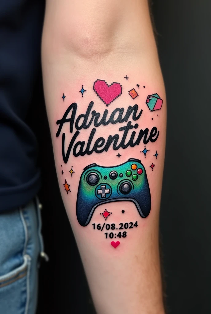 I want an idea for a tattoo on my forearm with my son&#39;s name "Adrian Valentine" and date of birth and time 16/08/2024 10:48 I want a nerd tattoo, and with few images, and male I want with less pink, just one more thing has to be small, I don&#39;t want watches 