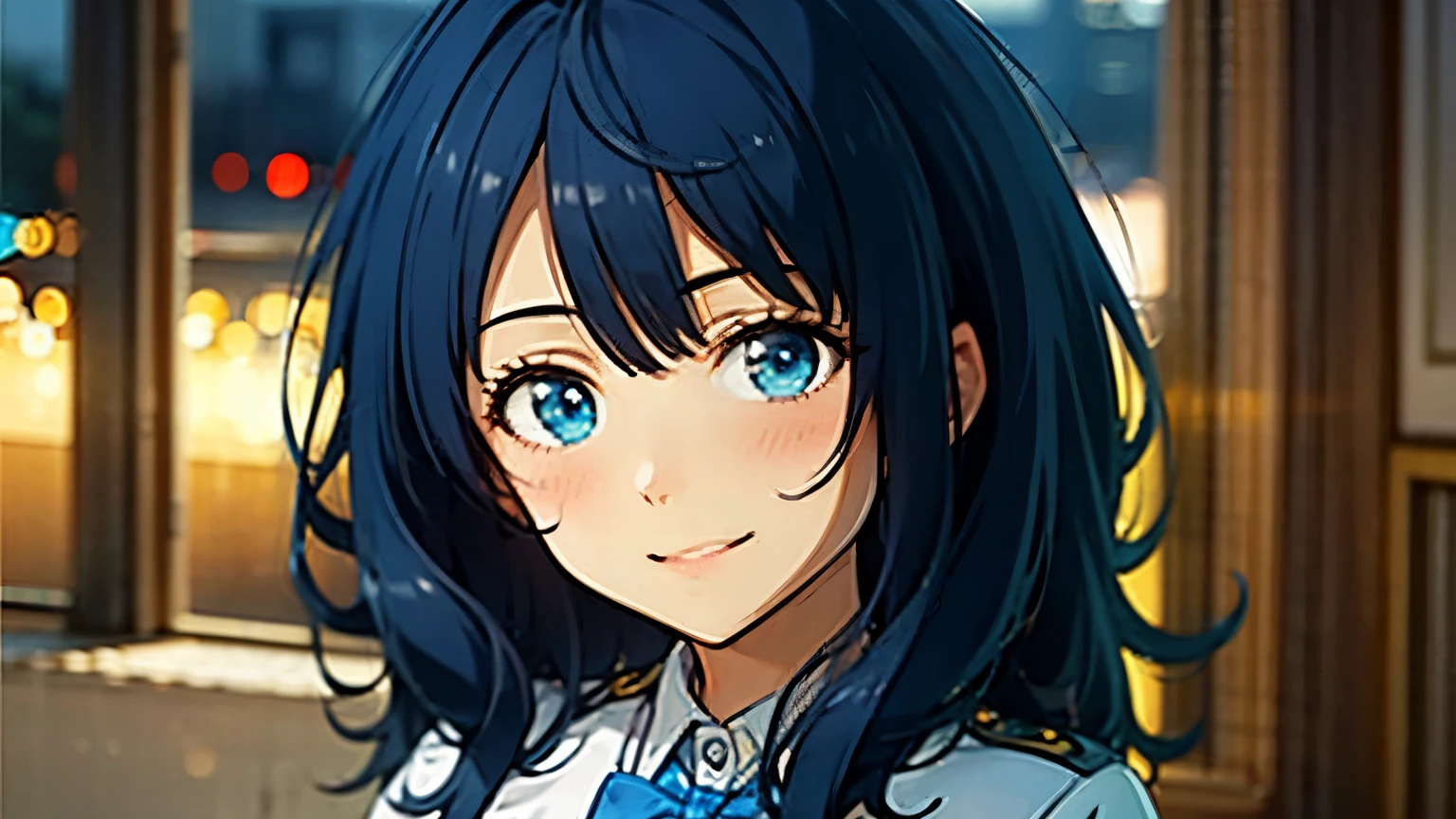 Wallpaper, evening, looking at the viewer, focusing on face, Realistic lighting, smiling, bowing, front plane, located on the left, uniform, big smile, blue eyes, For the blue, stars, magic, Houses, city, rock floor, Fireworks, officer, realistic shadows, blurred background, unfocused character, pink blush, anna yanami, Japan, dark sky