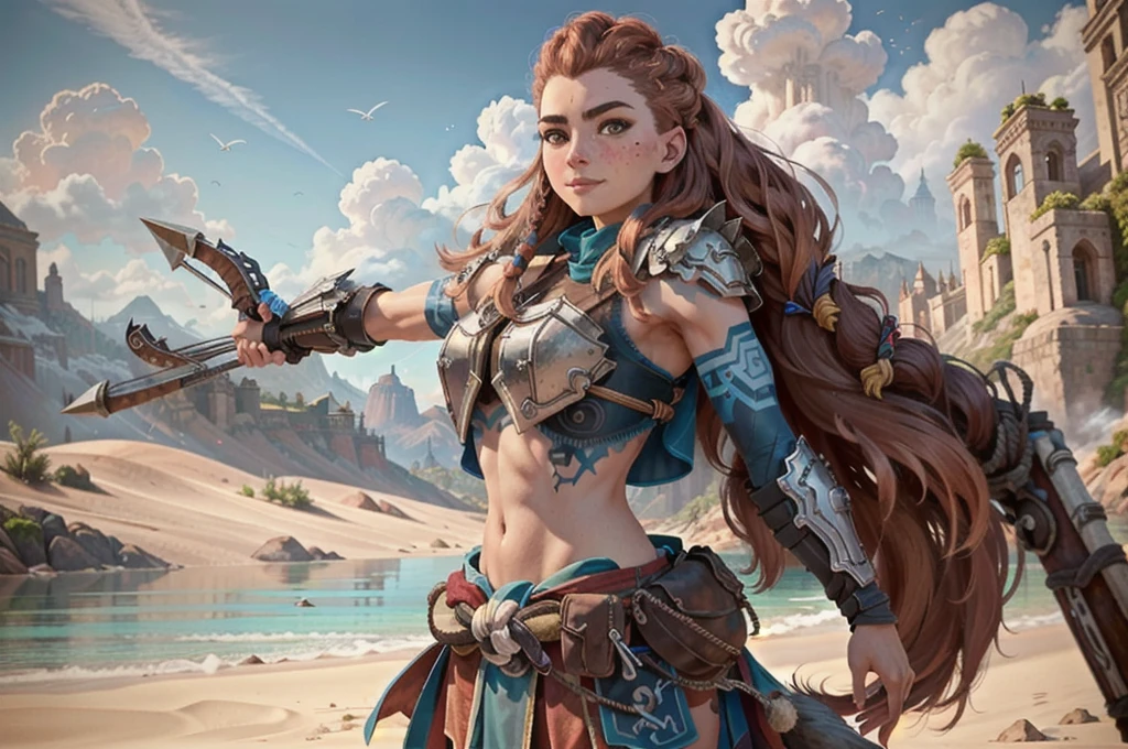 AloyHorizon, solo, long hair, smile, brown hair, hair ornament, navel, brown eyes, weapon, braid, outdoors, parted lips, sky, day, red hair, armor, blue sky, lips, looking to the side, tattoo, looking away, thick eyebrows, shoulder armor, freckles, showing ass, half naked, ((aming with a bow))) 