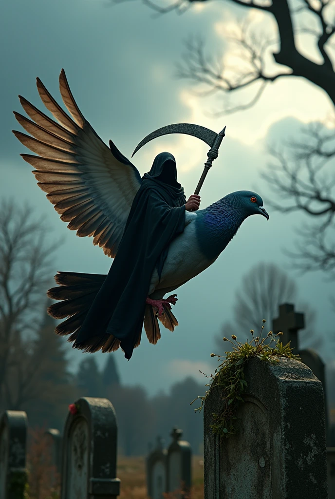 Racing Pigeon flying in a cemetery with Grim Reaper on the back
