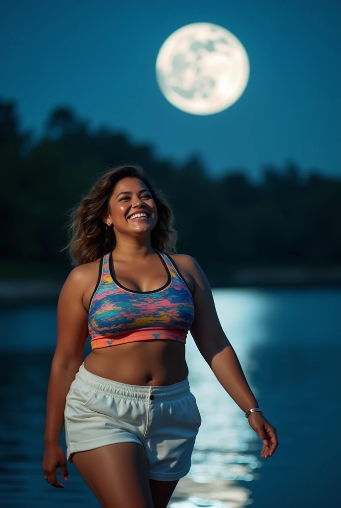a beautiful mexican woman, plump and curvy, smiling, showing teeth, big breasts, beautiful abs, colorful sports bra, white shorts, walking along a lake, stary moonlit night, high quality, 8k, photorealistic, hyper detailed, studio lighting, vibrant colors