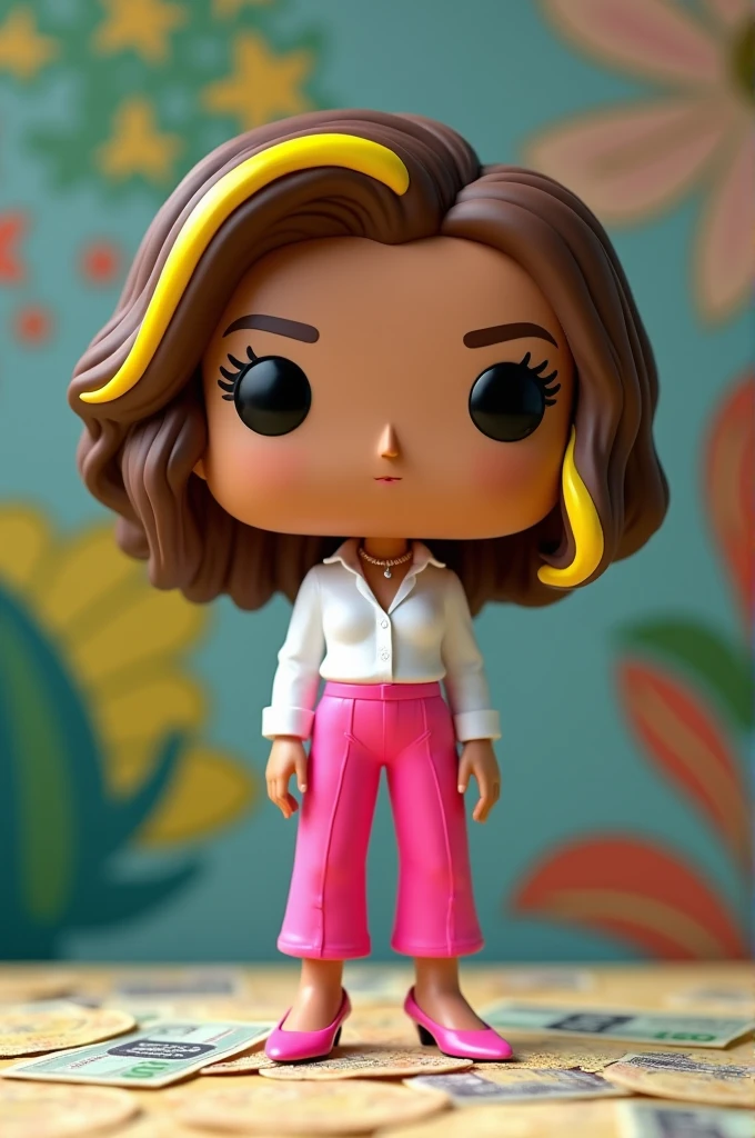 Make a Funko Pop of a White-Skinned Human Woman, hair with highlights( brown hair with yellow highlights) ,pink lipstick,with pink pants, white shirt, with necklace and high heels. no tattoos. fund: Bank of Brazil BB