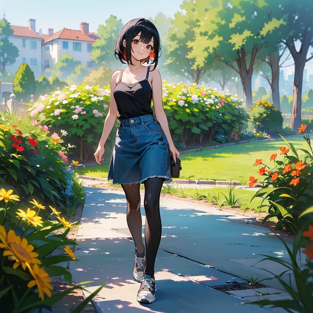 (high quality, High resolution, Very detailed, reality:1.37), Peaceful atmosphere, (Outdoor, garden), Teenage girl standing alone, (my breasts are big.), Beautiful details, Cute Smile, (Black bob hair), camisole, Denim skirt, Black tights, sneakers.