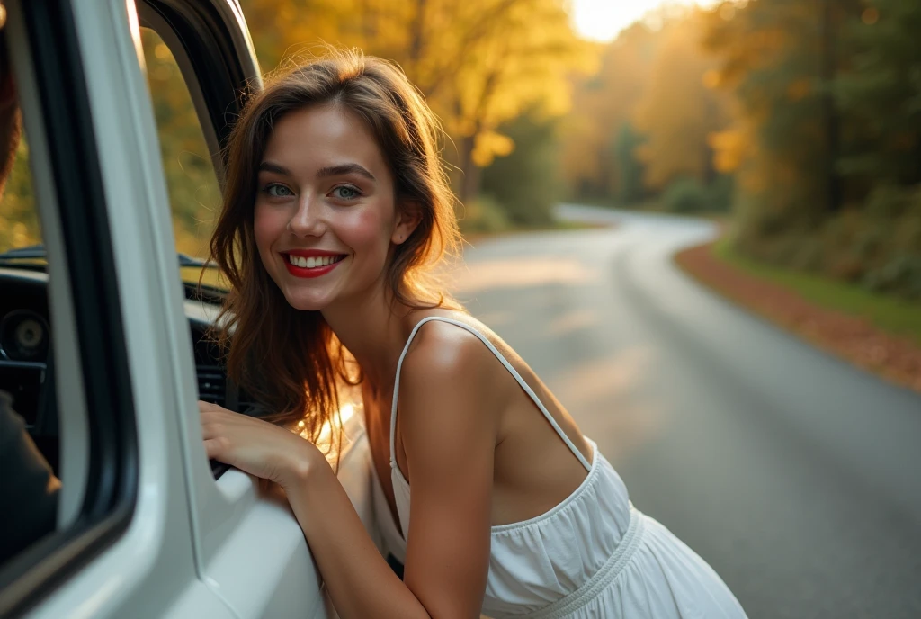 RAW photo, (a white girl with a beautiful, gorgeous, beautiful face), (peach skin, red lips, blue eyes, standing outside the vehicle, crouched, looking into the vehicle through the passenger window, smiling at the driver, ((wearing a plain white low-cut dress with sleeves, white bra)), ((RAW photo seen from inside)), hyperrealism, road and forest behind her, medium sensuality