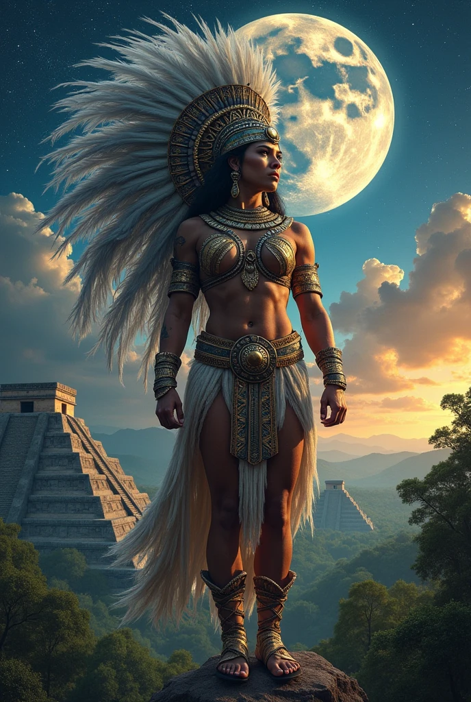 Great Aztec warrior woman proudly carrying her ichcahuipilli behind her la diosa Coyolxauhqui