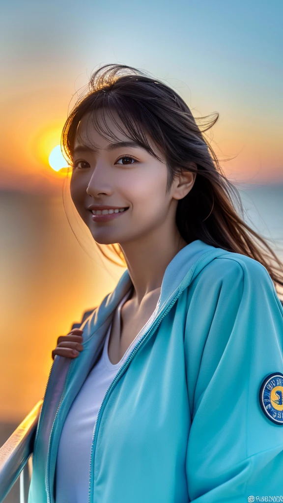 8K,Japanese woman watching the sunset,Super Beauty(Like the real thing),nice,Middle-aged women,Mountain Observation Deck,Portraiture, The perfect angle、Professional quality high resolution、Perfect contrast、Perfect lighting、Perfect composition、Perfect Skin、Perfect Fingers、Perfect breasts、Perfect Hair、Perfect Face、Realistic Facial Features,masterpiece,Photorealistic raw photos,Bright colors,Rich colors,50mm lens,Nikon D850,Highest quality,Slim figure,Perfect body line,Perfect hand shape,Anatomical Body Balance,Highly detailed face,Highly detailed eyes,Beautiful Lips,Excellent light particles,Cinema Lighting,Outdoor Clothing,compensate,Outdoor Clothing,smile,I have beer,Realistic beer,