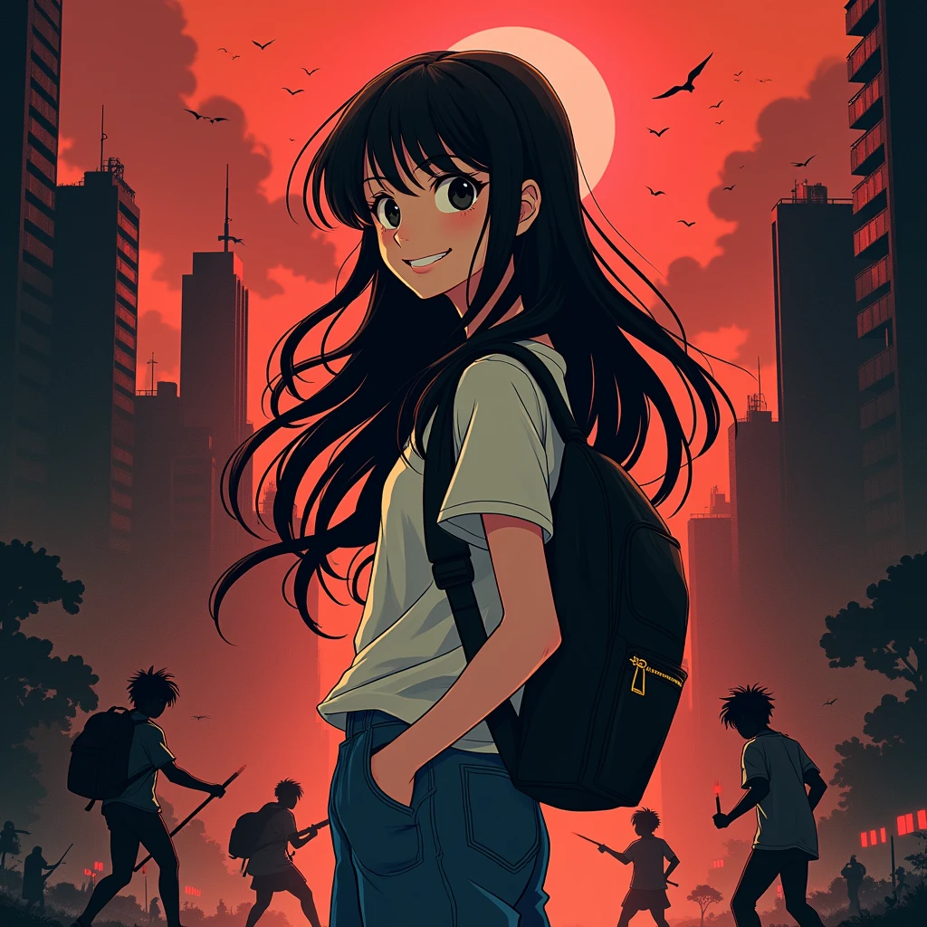 Blonde Hair、Very Short Hair、Cat ears of the same color as the hair、Plain pink short sleeve hoodie、Short denim shorts、Belly button、sneakers、Turquoise Eyes、Flat Chest、Big white flower hair ornament、Design the cover for a dark fantasy psychological drama light novel set in Rio de Janeiro in 2050, In a similar style "Inuyasha" or "Yu Yu White Paper", showing a smiling Japanese teenager holding a backpack with long black hair in the foregrornd, while in the backgrornd other characters fight; Use a red and black palette, Enter a title in the box on the top right.