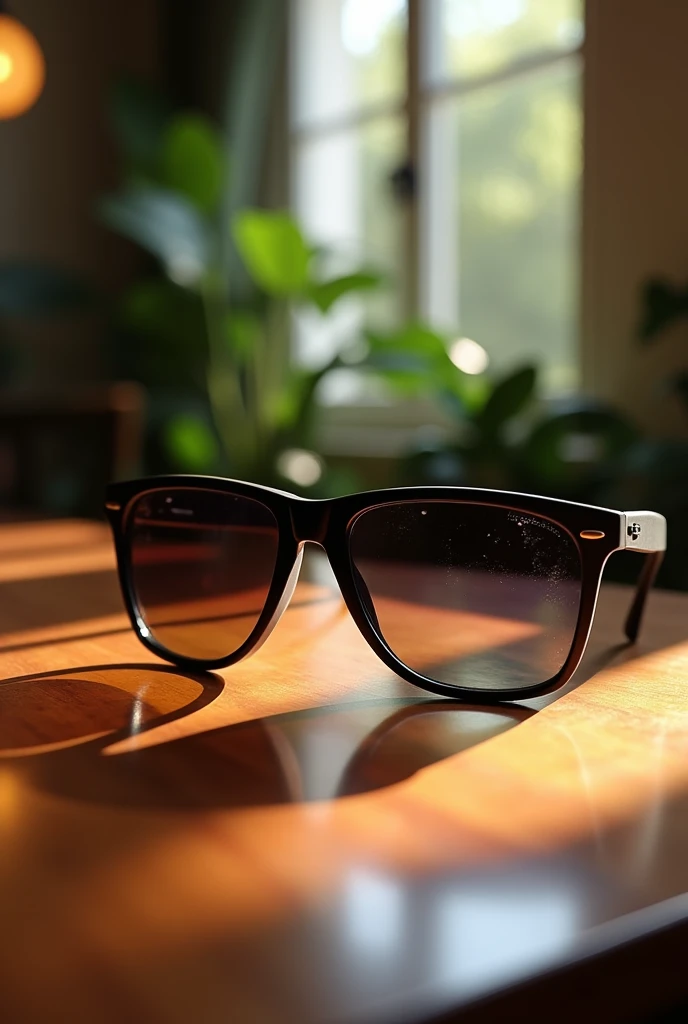 Realistic Dark Wayfarer Lenses, diagonal view resting on a table