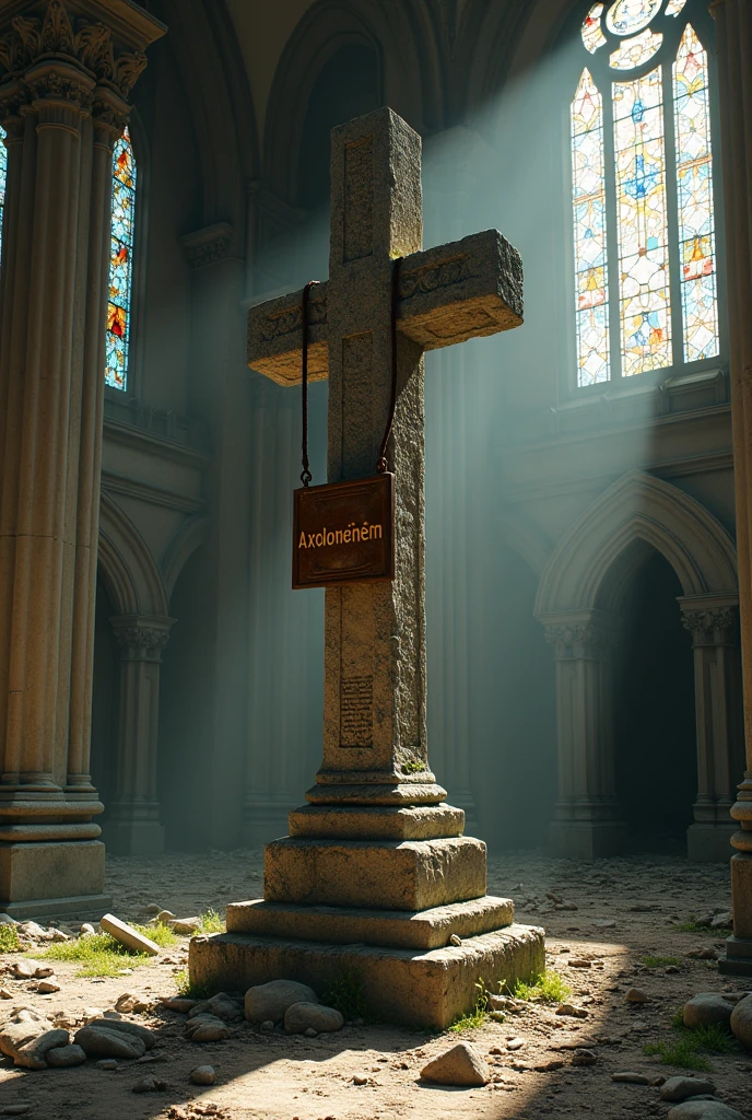 Make a monument resembling a stone cross, with a sign saying axolomeinem, in a monumental building abandoned for 130 years, make the image photo realistic.