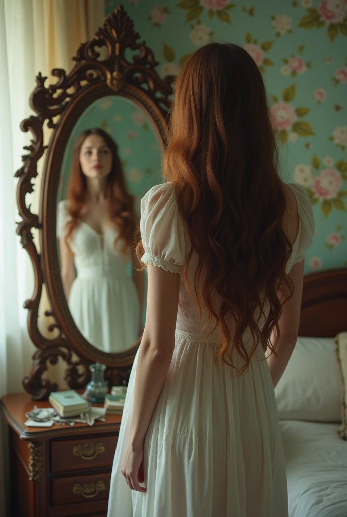 A woman in her room looking at herself in front of a mirror that reflects nothing