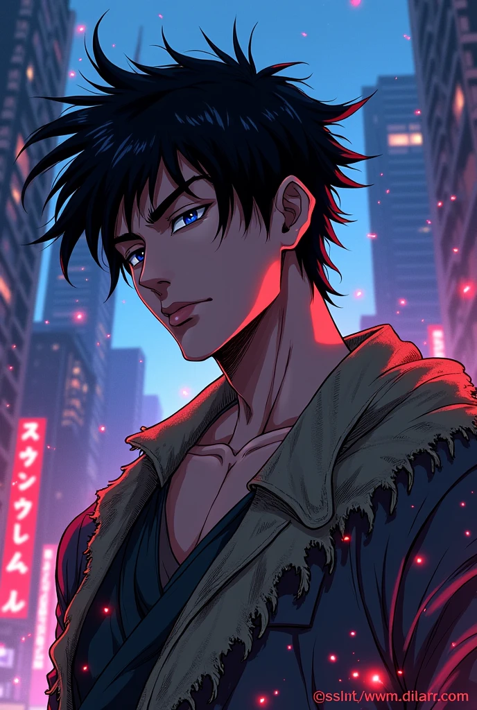 Create an illustration of a dark-haired man, with short hair with entrances, using an old cloth in the style of the anime jojo
