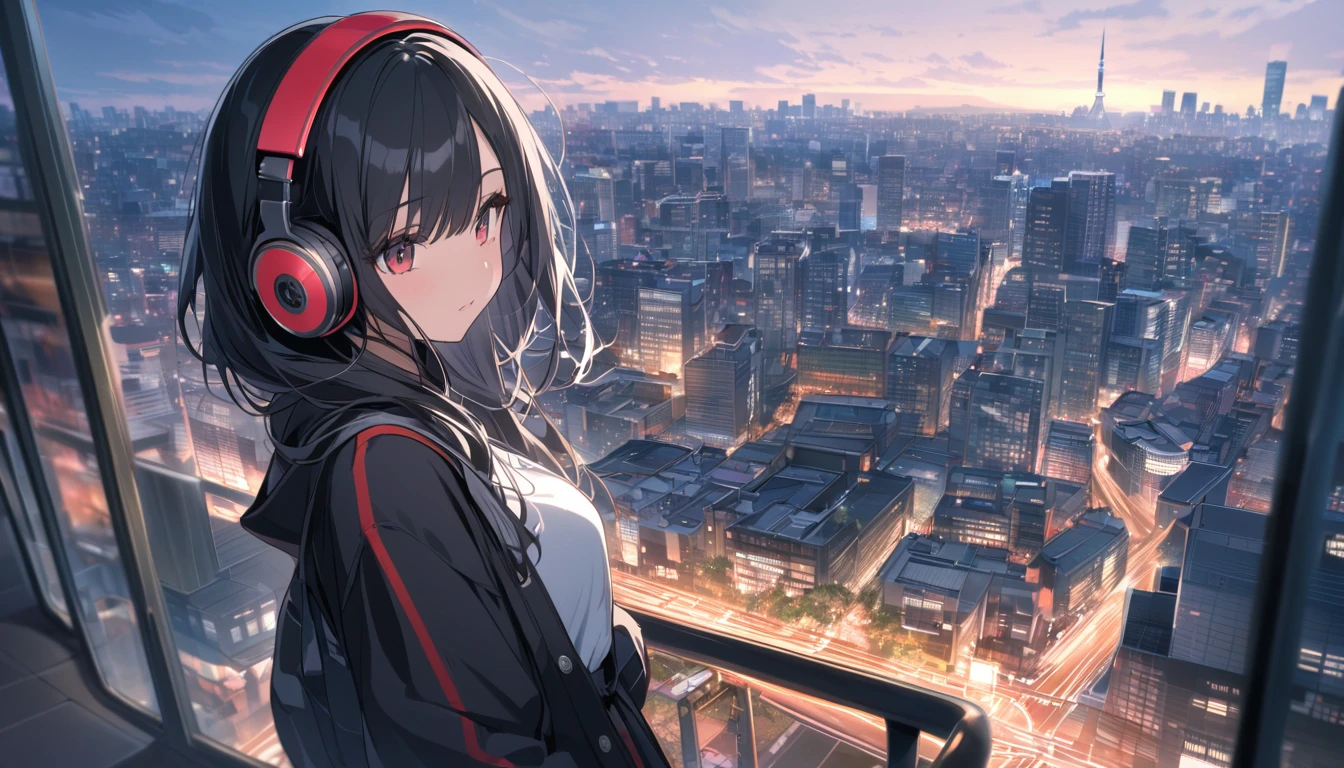 Black haired woman with headphones looking at the city of Tokyo,Streetscape、listen to music、Japanese