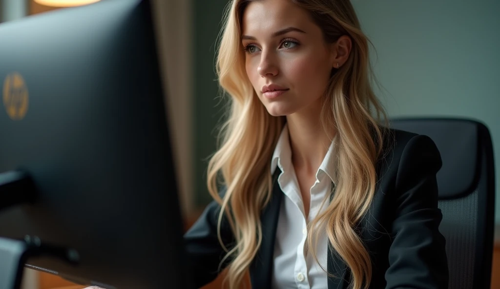 a beautiful girl with long blonde hair, detailed eyes, nose, and lips, wearing professional outfit, siting in her office, using her computer, hp comuter (best quality,4k,8k,highres,masterpiece:1.2),ultra-detailed,(realistic,photorealistic,photo-realistic:1.37),HDR,studio lighting,extremely detailed face and body, portrait,cinematic lighting,dramatic lighting,warm color tones,dramatic colors