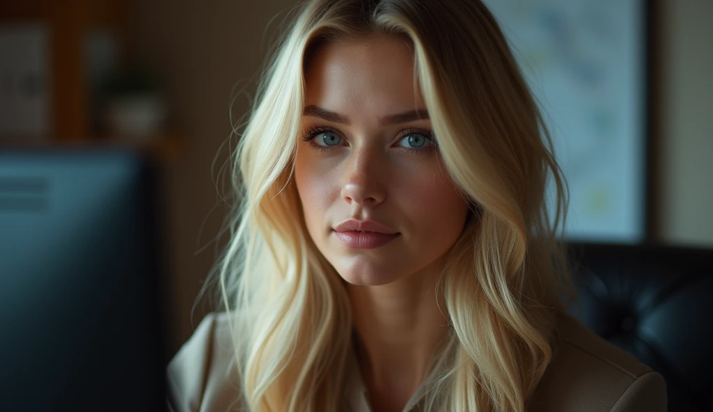 a beautiful girl with long blonde hair, detailed eyes, nose, and lips, wearing professional outfit, siting in her office, using her computer, hp comuter (best quality,4k,8k,highres,masterpiece:1.2),ultra-detailed,(realistic,photorealistic,photo-realistic:1.37),HDR,studio lighting,extremely detailed face and body, portrait,cinematic lighting,dramatic lighting,warm color tones,dramatic colors