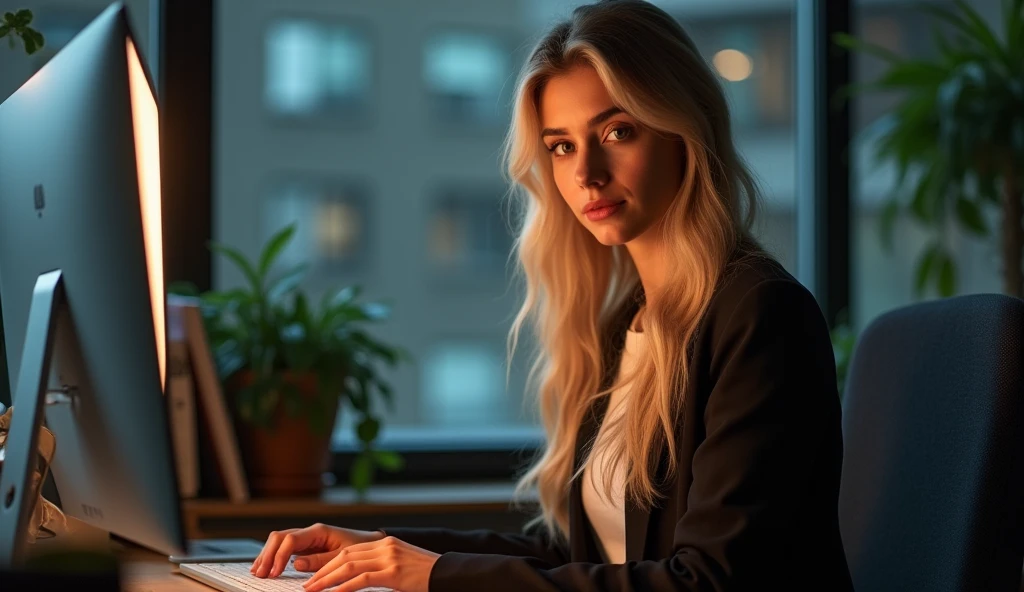 a beautiful girl with long blonde hair, detailed eyes, nose, and lips, wearing professional outfit, siting in her office, using her computer, hp comuter (best quality,4k,8k,highres,masterpiece:1.2),ultra-detailed,(realistic,photorealistic,photo-realistic:1.37),HDR,studio lighting,extremely detailed face and body, portrait,cinematic lighting,dramatic lighting,warm color tones,dramatic colors