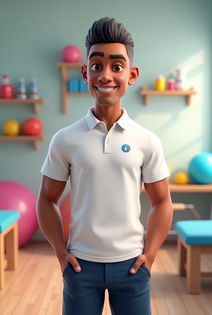pixar 3d image of a handsome young adult men of 23 years old, with skin coloured brown, with his short hair buzz cut and NO BEARD, is dressed as a physiotherapist, and the background full of physiotherapy stuff.