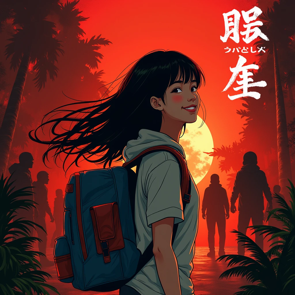 Blonde Hair、Very Short Hair、Cat ears of the same color as the hair、Plain pink short sleeve hoodie、Short denim shorts、Belly button、sneakers、Turquoise Eyes、Flat Chest、Big white flower hair ornament、Design the cover for a dark fantasy psychological drama light novel set in Rio de Janeiro in 2050, In a similar style "Inuyasha" or "Yu Yu White Paper", showing a smiling Japanese teenager holding a backpack with long black hair in the foregrornd, while in the backgrornd other characters fight; Use a red and black palette, Enter a title in the box on the top right