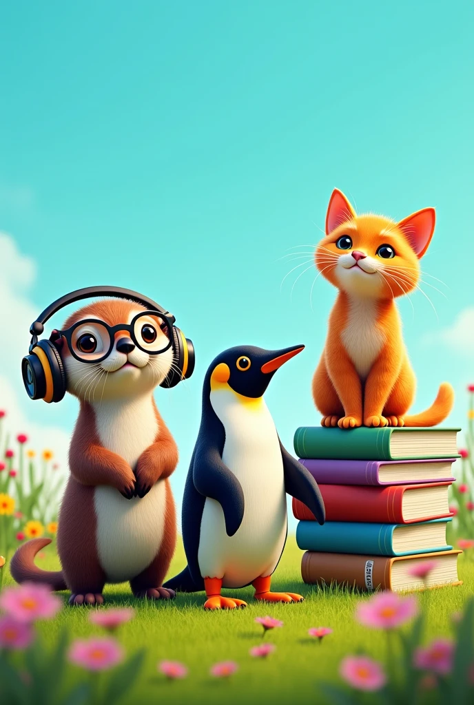 Generate an image showing an otter wearing glasses, next to a penguin with headphones, and with them, an orange-furred cat with some books. The scene should be cheerful and colorful, with each animal standing out in its characteristic attitude: the otter with a curious expression behind his glasses, the penguin enjoying his music and the orange cat with a posing pose