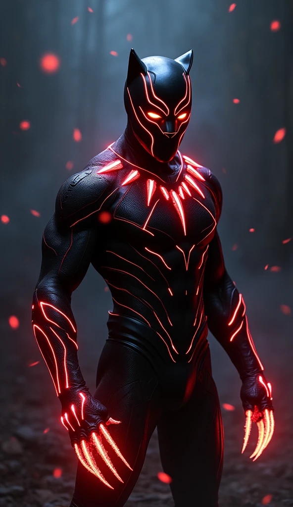 Black Panther, reimagined as Jin Kazama, stands in a dimly lit arena, his vibranium suit infused with the fiery energy of the Devil Gene. The sleek black armor now features glowing red lines that pulse with power, reminiscent of Jin's markings. His mask, though still feline, has a fierce, determined expression, with sharp eyes that reflect both the calm of a king and the inner turmoil of a fighter. The Panther's claws are extended, crackling with energy, ready to strike. The scene is charged with intensity, capturing the fusion of T'Challa's regal poise and Jin's relentless battle spirit—a warrior torn between honor and the darkness within.