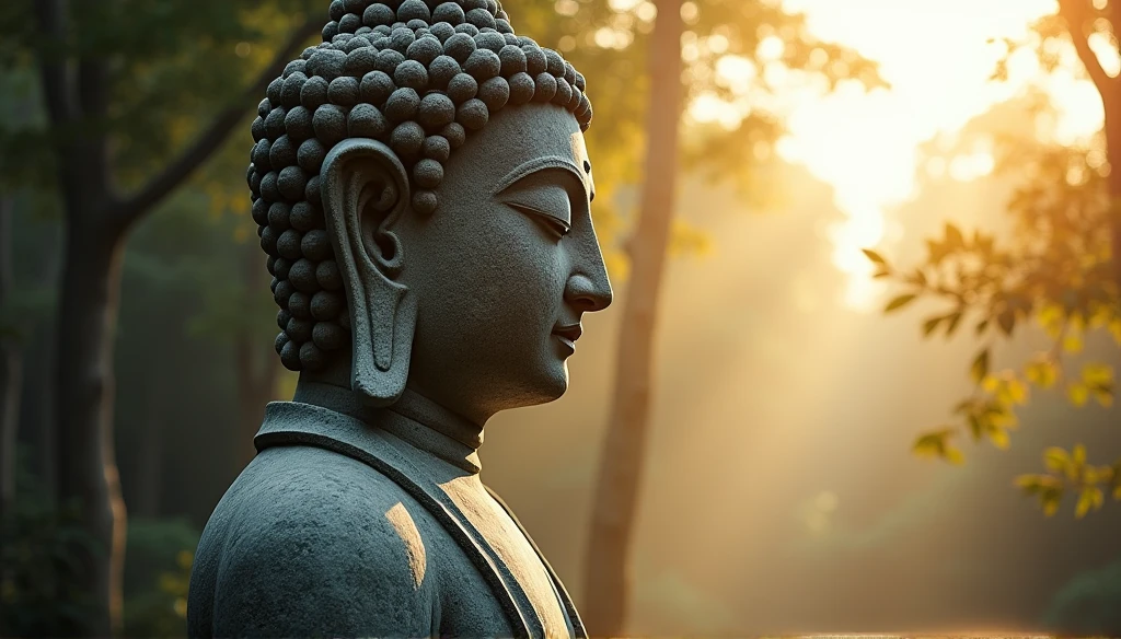 BUDDHA STATUE, stone, Texture, Tall, Majestic, The background is illuminated by sunlight，inverted image，Lateral face