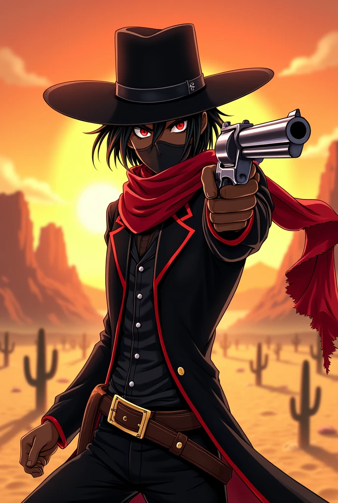 An anime character:
a man with dark skin, black hair and red eyes also with a mouth mask on her face.
He wears a black cowboy outfit with red details., including a hat and a long black scarf while holding a colt in attack position.
Ao fundo, a desert of the old Wild West.