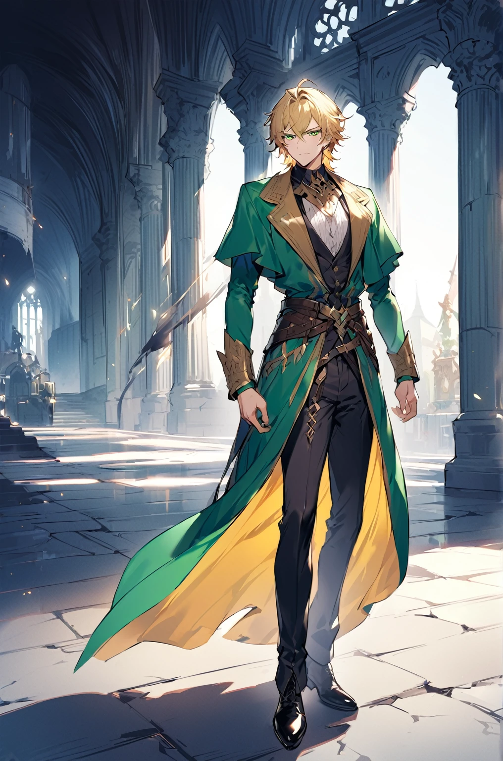 ((((Dramatic)))、(((grittiness)))、(((vehement))),Dressed in costume、He had a determined expression on his face.。Bright green eyes,Blonde hair,holy costume,((1 man)),holy,handsome,