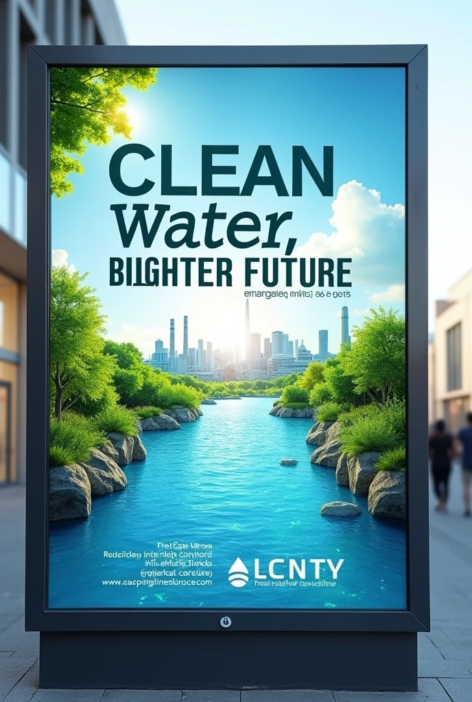 Create a rectangular image with a catchy phrase to place on a billboard about a water and industrial effluent treatment company,environmental amc call, that contains contact,e-mail.
