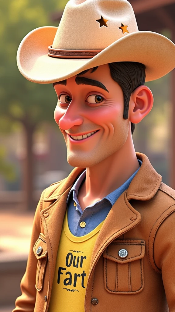 Cartoon character of a man blue shirt, age 45, an animated character, stylized character, animation style rendering, 3d stylized, smiling wearing a cowboy hat adorned with star cutouts and a light brown suede jacket. He has a bright yellow t-shirt underneath with text in a stylized font.. The background is blurred, suggesting a sunny outdoor environment.
