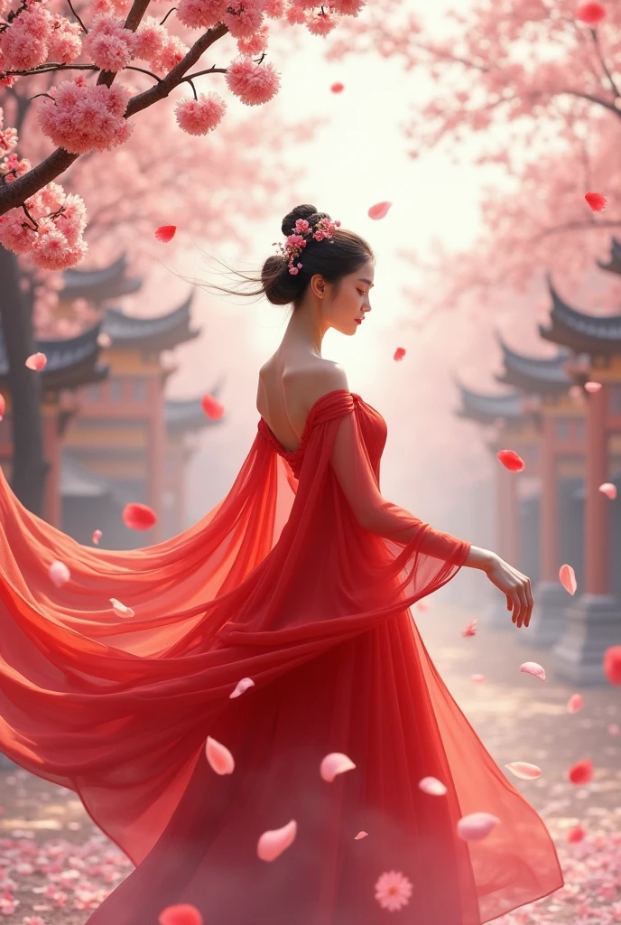 A cover for a book about the Chinese Cultural Revolution. I want a Chinese woman dancing among the cherry blossoms.
