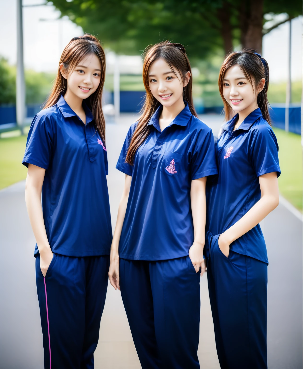 3 girls มีเซ็กส์กัน at tennis courts, มีเพศสัมพันธ์, มีความใคร่,Navy blue short-sleeved shirt,Navy Long Trackpant,Sweatpants, Sweatpantsขายาว,25 year old girl, lesbian, sexy, exercise clothes, wet body, exercise clothes