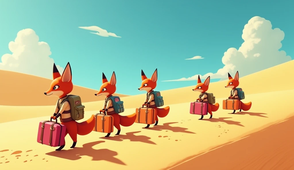 5 FEARLESS FOXES IN A DESERT WITH SUITCASES CONTINUING THEIR JOURNEY