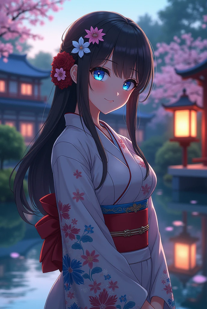 anime woman ,phosphorescent blue eyes traditional Japanese costume, dark brown hair nice body