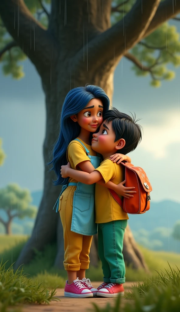 SIDE VIEW CAMERA OF ((masterpiece, best quality)), award winning, 4k, 8k, 3d pixar animation character, visible face, SIDE VIEW, a SIDE VIEW CAMERA OF ((masterpiece, best quality)), award winning, 4k, 8k, 3d pixar animation character, visible face, SIDE VIEW, a 25 YEAR OLD woman NAMED BRISA, portrait, beautiful, cute, yellow shirt, yellow pants, light long blue apron, pink sneakers, long plaid blue hair, light tan skin, brown eyes, ((Perfect Hands)), UHD, 8K, her pose is HUGGING A 14 YEAR OLD LATIN BOY wearing yellow long sleeves shirt, green pants and a green backpack WHO IS CRYING, BRISA IS CRYING ALSO WHILE SHE CONFORTS THE BOY WITH HIS GRIEF, BACKGROUND IS: ((masterpiece, best quality)),3d illustration of countryside el salvador, a big, tall and wide amate tree behind with a big hole in its trunk), dramatic moment, very emotional, sad moment, grey sky, is raining