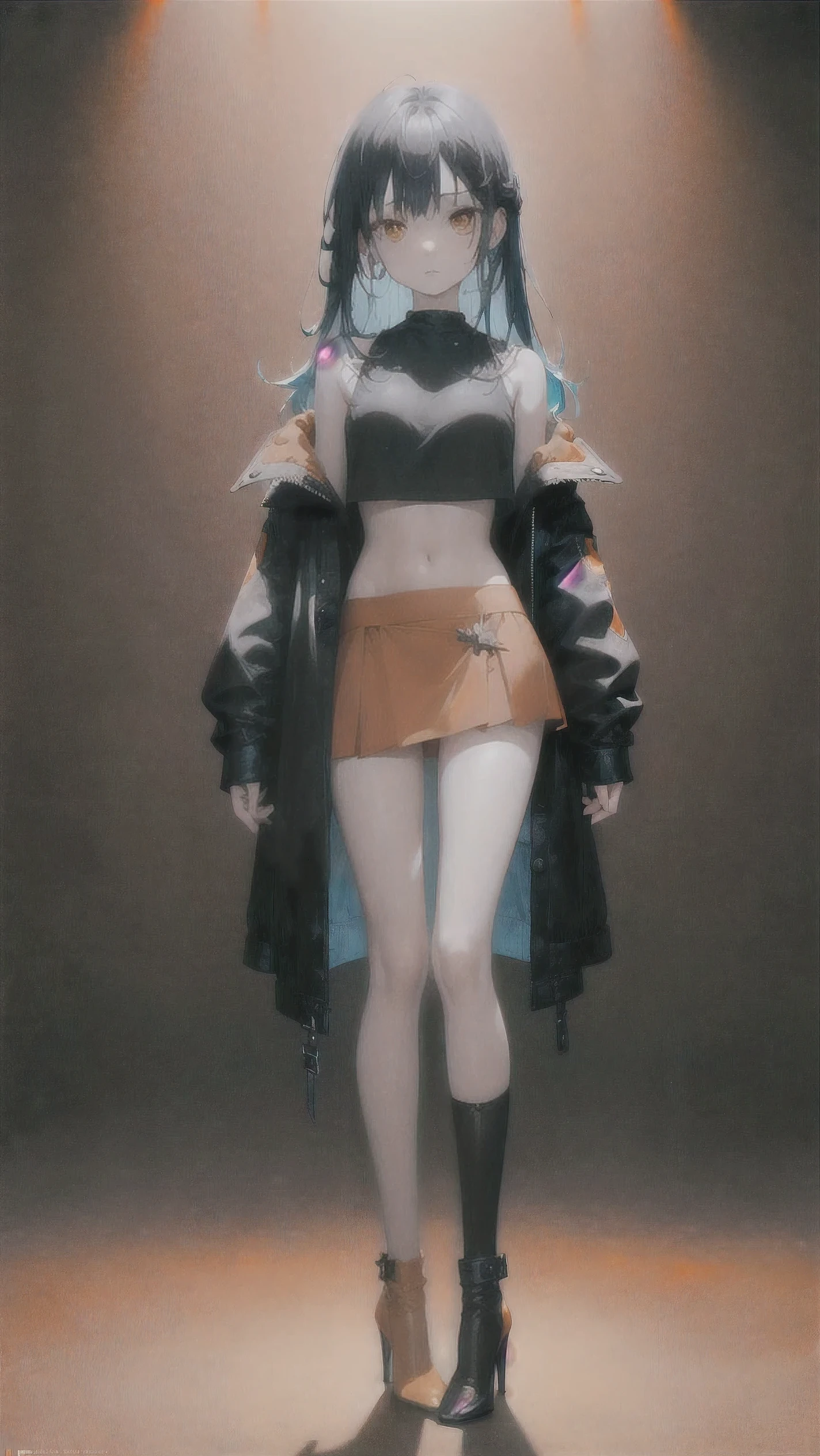 (Masterpiece), (Best Quality), (Super Detail), (disheveled Hair), (Illustration), (One Girl), Standing, Beholder, (Interview), (Simple Background), Finely Beautiful Eyes, Delicate Beautiful Face, Floating, (High Saturation), (Shine), Best Lighting, Best Shadows , Focus on Face,((full body in photo)), ((black knee high socks,long high heels,orange mini skirt,white crop top,black jacket,blue-cyan hair)),((thin-legged,skinny girl))