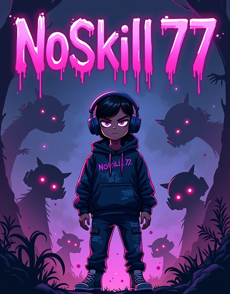 a cartoon image with the word NoSkill77 with theme in video games and dark universe (that is not a child)
