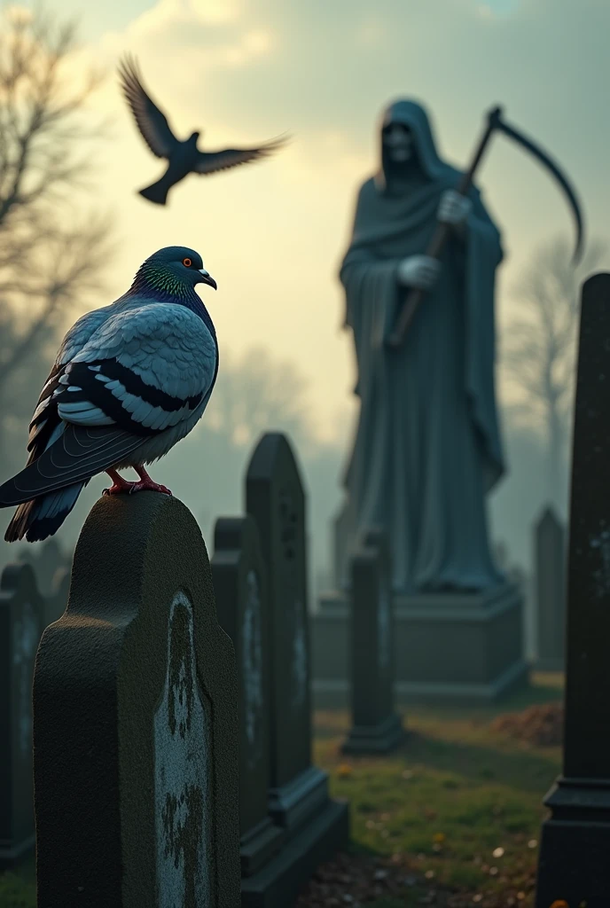 Racing Pigeon flying in a cemetery with Grim Reaper on the back ground 