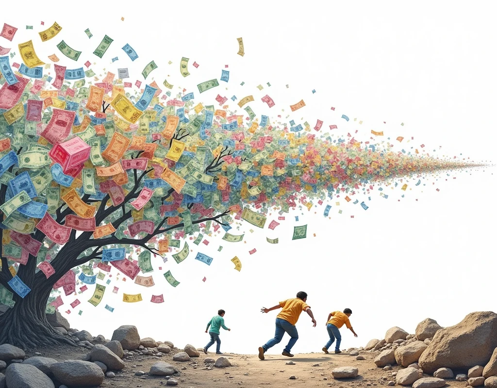 creates a white background in the, with drawings, add money, Cheques, Actions, very close together so that they cover the image from right side to left side , but deep down, crumble like rock,