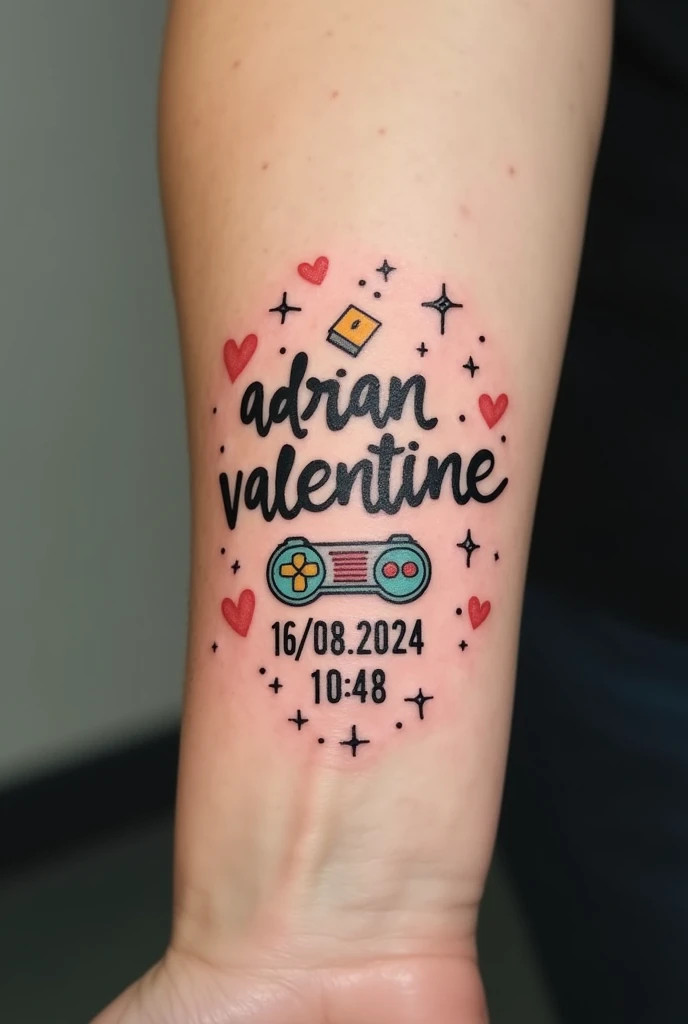 I want an idea for a tattoo on my forearm with my son's name "Adrian Valentine" and date of birth and time 16/08/2024 10:48 I want a nerd tattoo, and with few images, and male I want with less pink, just one more thing has to be small, I don't want watches