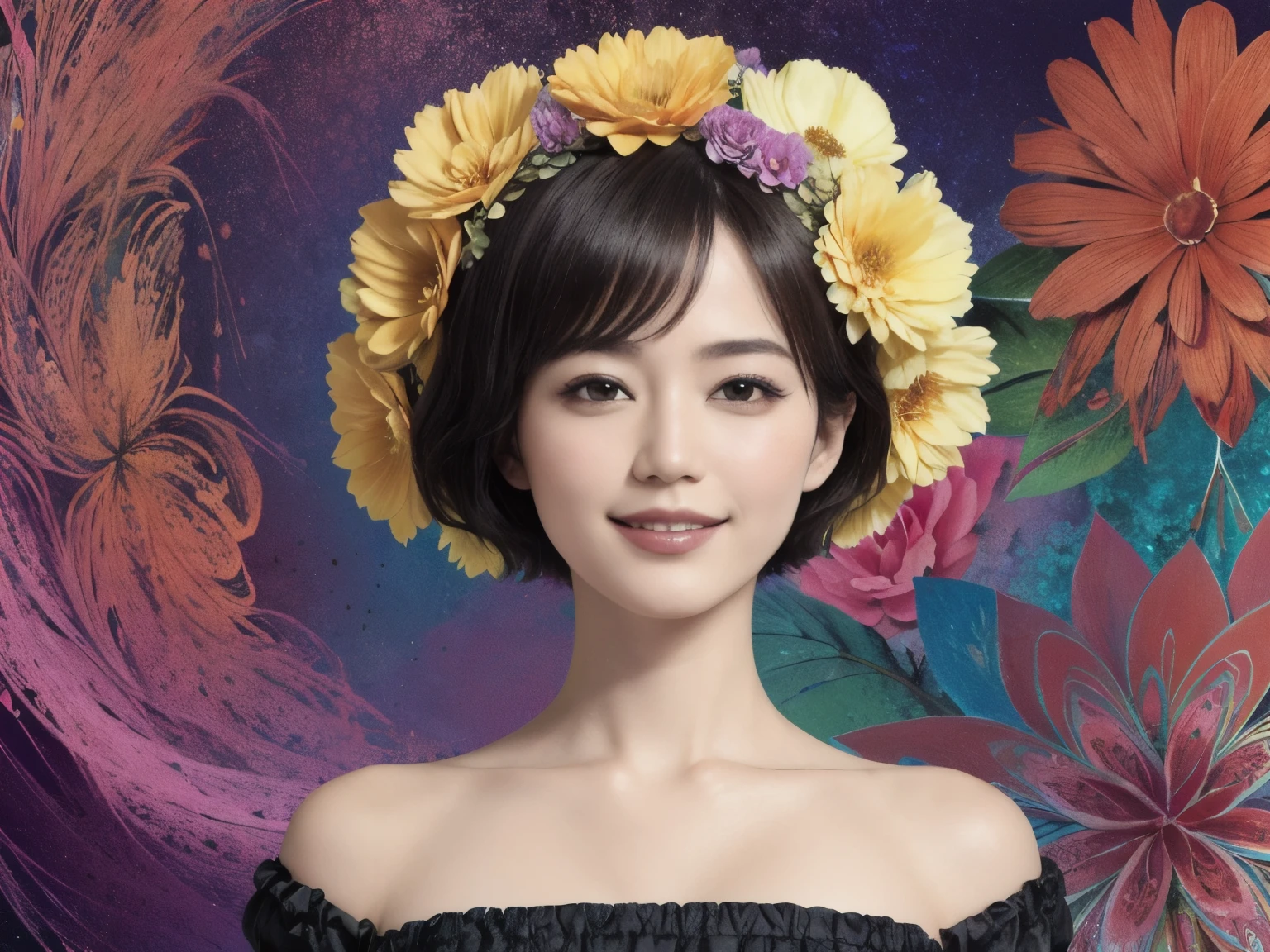 273 (20-year-old woman,Short Hair), (aesthetic:1.2), (Fractal Art:1.1), (flower:1.3), whole body, (Abstract background:1.3), (Many colors:1.4), (Archaic Smile), (Hawaii), (Wave:1.1)