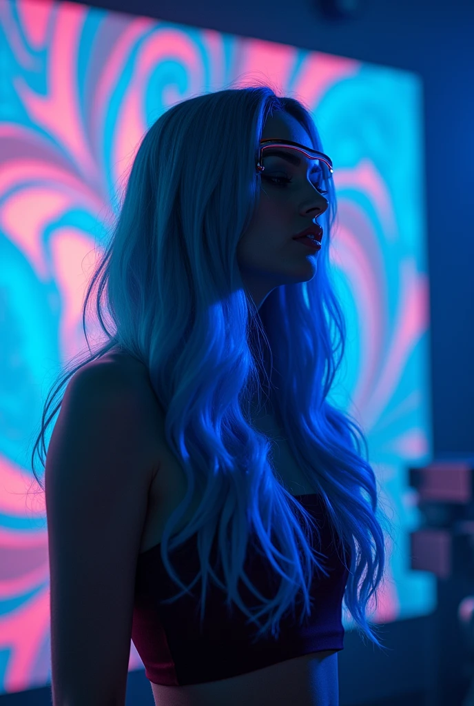 Create a beautiful woman artist with anonymous mask with blue hair with black highlights artificial intelligence singer