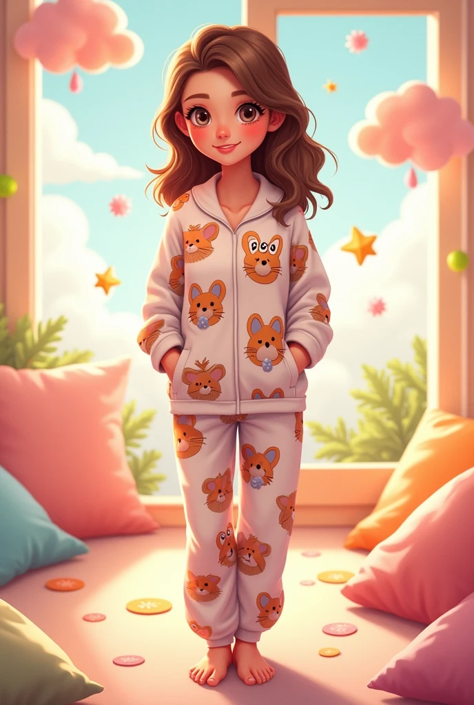 A women wearing pajamas cartoon characters print (standing full body)