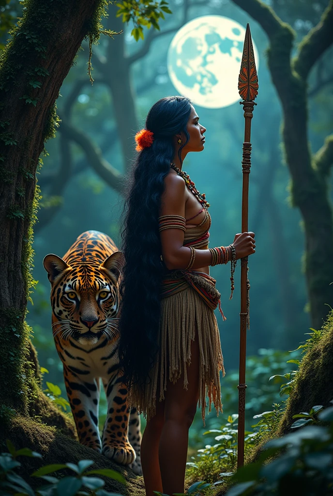 Creating an indigenous woman in the forest next to a jaguar and with a spear in her hand with a full moon in the sky